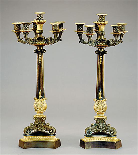 Appraisal: Pair Continental parcel-gilt bronze six-light candelabra turned bobeches on trefoil