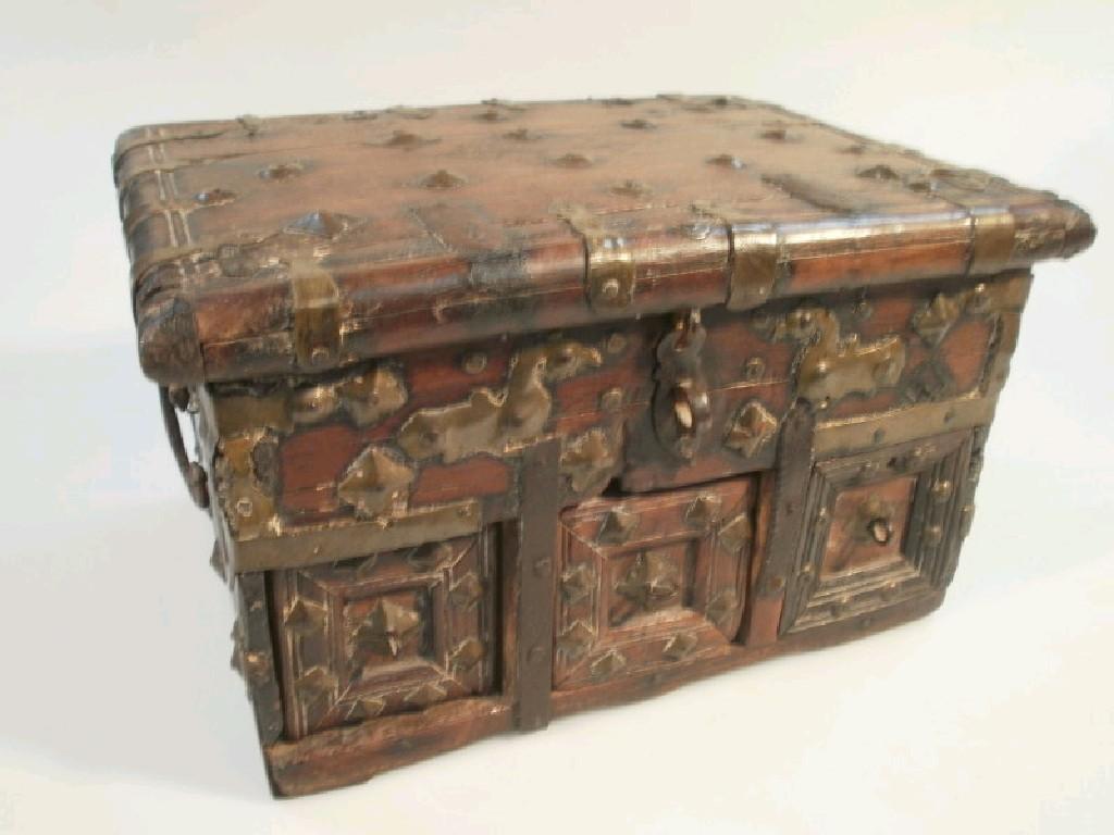 Appraisal: Mediaeval style hardwood casket with iron and brass bindings and