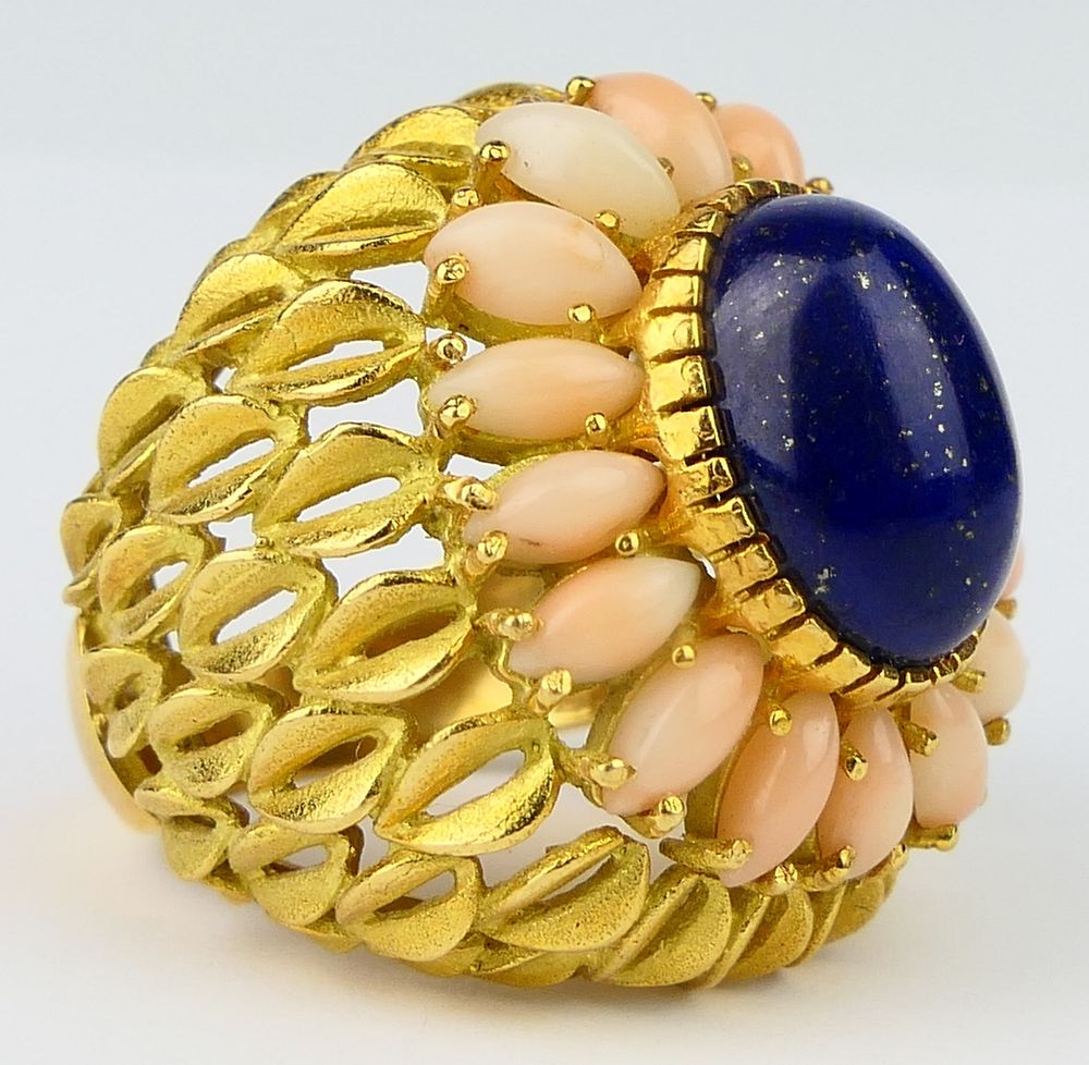 Appraisal: LARGE KT Y GOLD CORAL LAPIS COCKTAIL RING Incredible doesn't