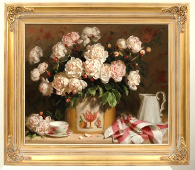 Appraisal: Patricia Moran active s Peony Romance oil on canvas signed