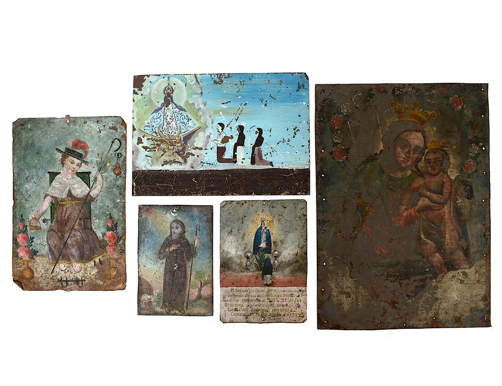 Appraisal: GROUP OF FIVE COLONIAL EX-VOTO PAINTINGS Spanish th Century Each