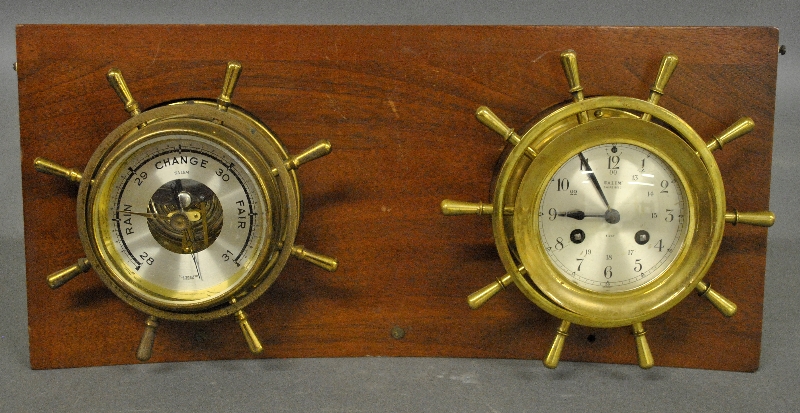 Appraisal: - Salem ship s eight-day brass clock and a barometer