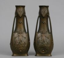 Appraisal: Pair of Spelter Art Nouveau Vases Impressive pair of identical