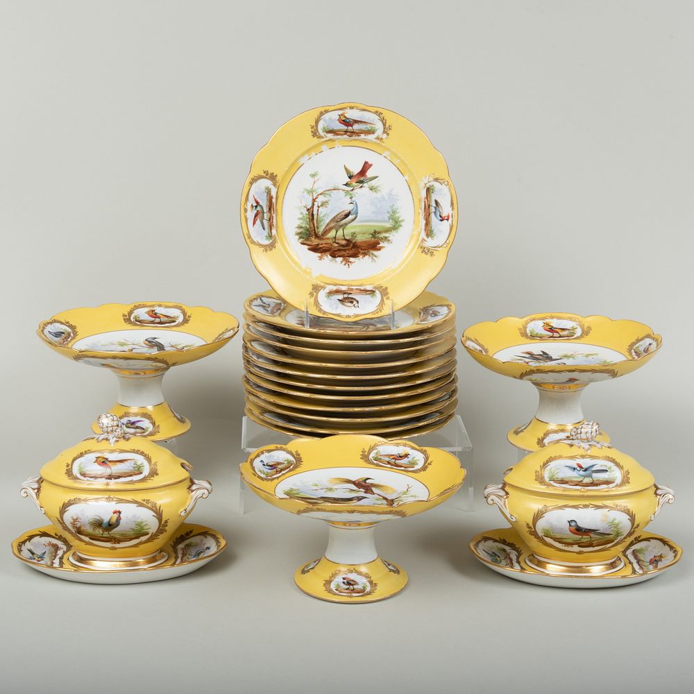 Appraisal: Paris Porcelain Yellow Ground Ornithological Part Dessert Service Blue printed