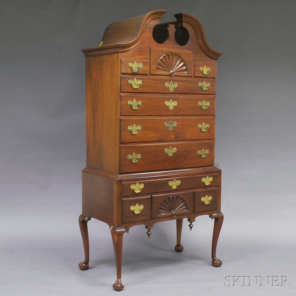 Appraisal: Chippendale-style Mahogany Scroll-top High Chest the molded bonnet top shell-carved