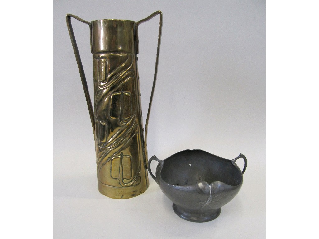 Appraisal: Orivit pewter sugar bowl and a tapered cylindrical brass vase