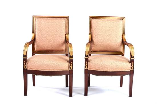 Appraisal: PAIR FRENCH EMPIRE STYLE MAHOGANY FAUTEUILS early th century Rectangular