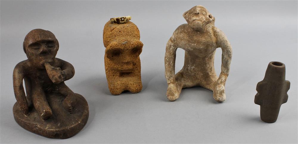 Appraisal: THREE EFFIGY PIPES AND A STONE ATLATL WEIGHT two pottery