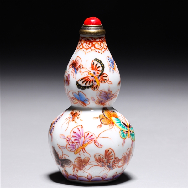 Appraisal: Chinese enameled porcelain double gourd form faceted snuff bottle with