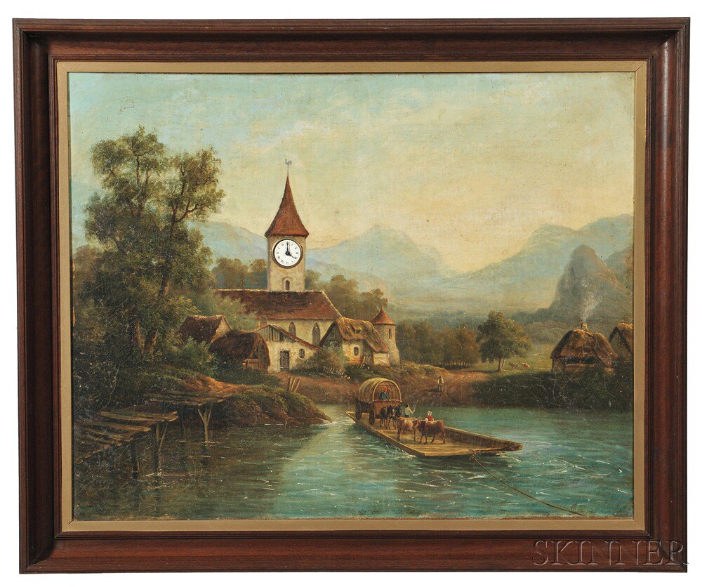 Appraisal: Continental Walnut-framed Musical Picture Clock c oil on canvas depicting