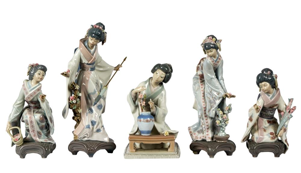 Appraisal: FIVE LLADRO PORCELAIN GEISHA FIGURESeach with factory marks Condition flowers