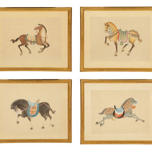 Appraisal: A Group of Four Chinese Gilt Framed Watercolors of Horses