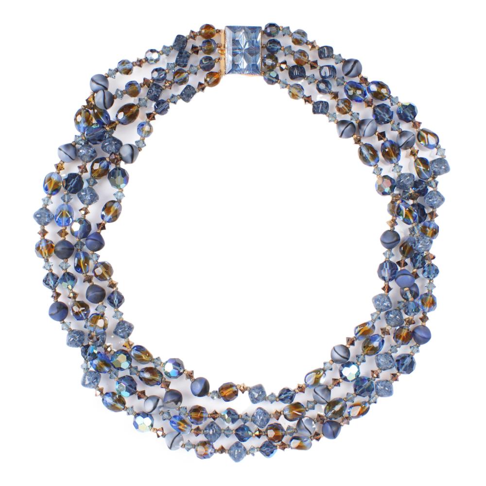 Appraisal: HATTIE CARNEGIE MULTI STRAND BLUE BEAD NECKLACE WITH FACETED IRIDESCENT