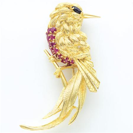 Appraisal: Gold Ruby and Sapphire Bird Brooch Estimate -