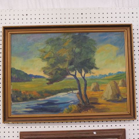 Appraisal: Oil Painting of Country side with Streamand Haystacks image area