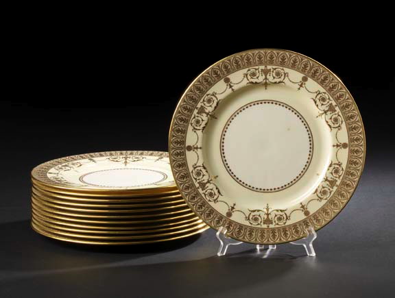 Appraisal: Fine Set of Twelve Lenox Richly Gilt Old Ivory-Banded Porcelain