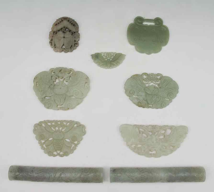 Appraisal: CHINESE HARD STONE PLAQUES AND RODS Group of nephrite plaques