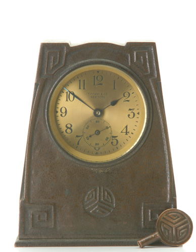 Appraisal: TIFFANY STUDIOS Desk clock with key in Greek Key pattern