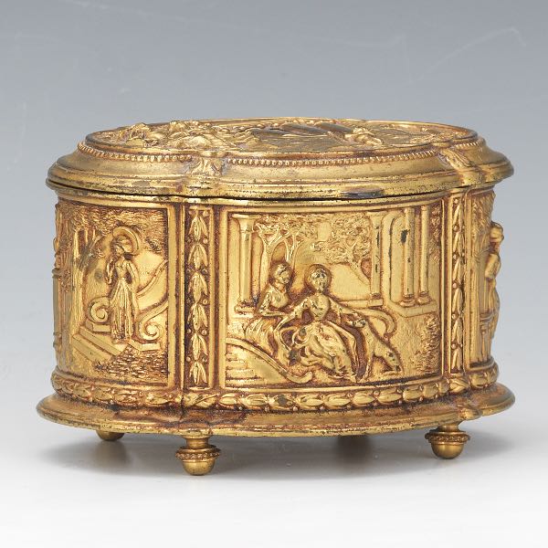 Appraisal: FRENCH ANTIQUE GILT BRONZE SCENIC JEWELERY VANITY CASKET CA TH