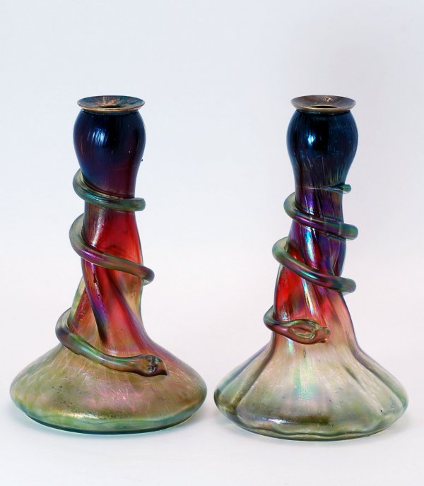 Appraisal: Pair of Art Nouveau Rindskopf Grenada candlesticks circa green and