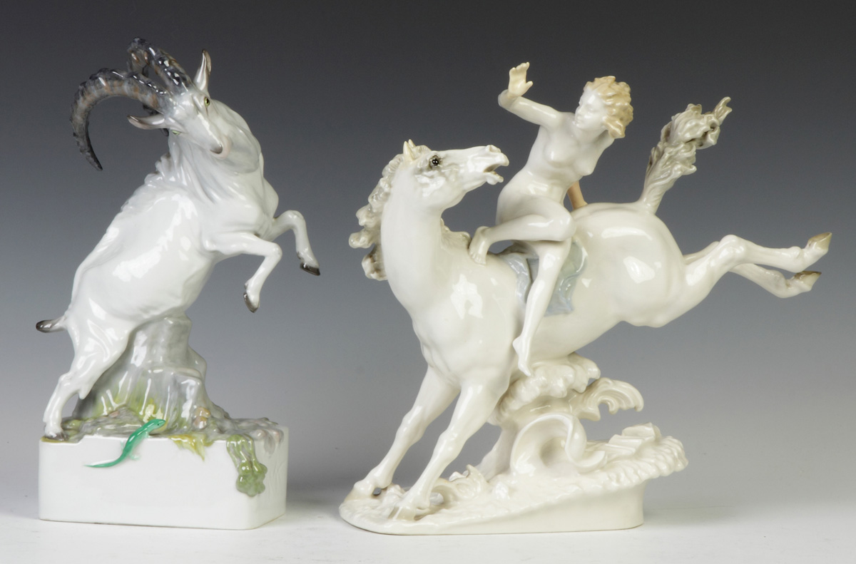 Appraisal: Two Sgn German Hand Painted Porcelain Figures L Mt goat