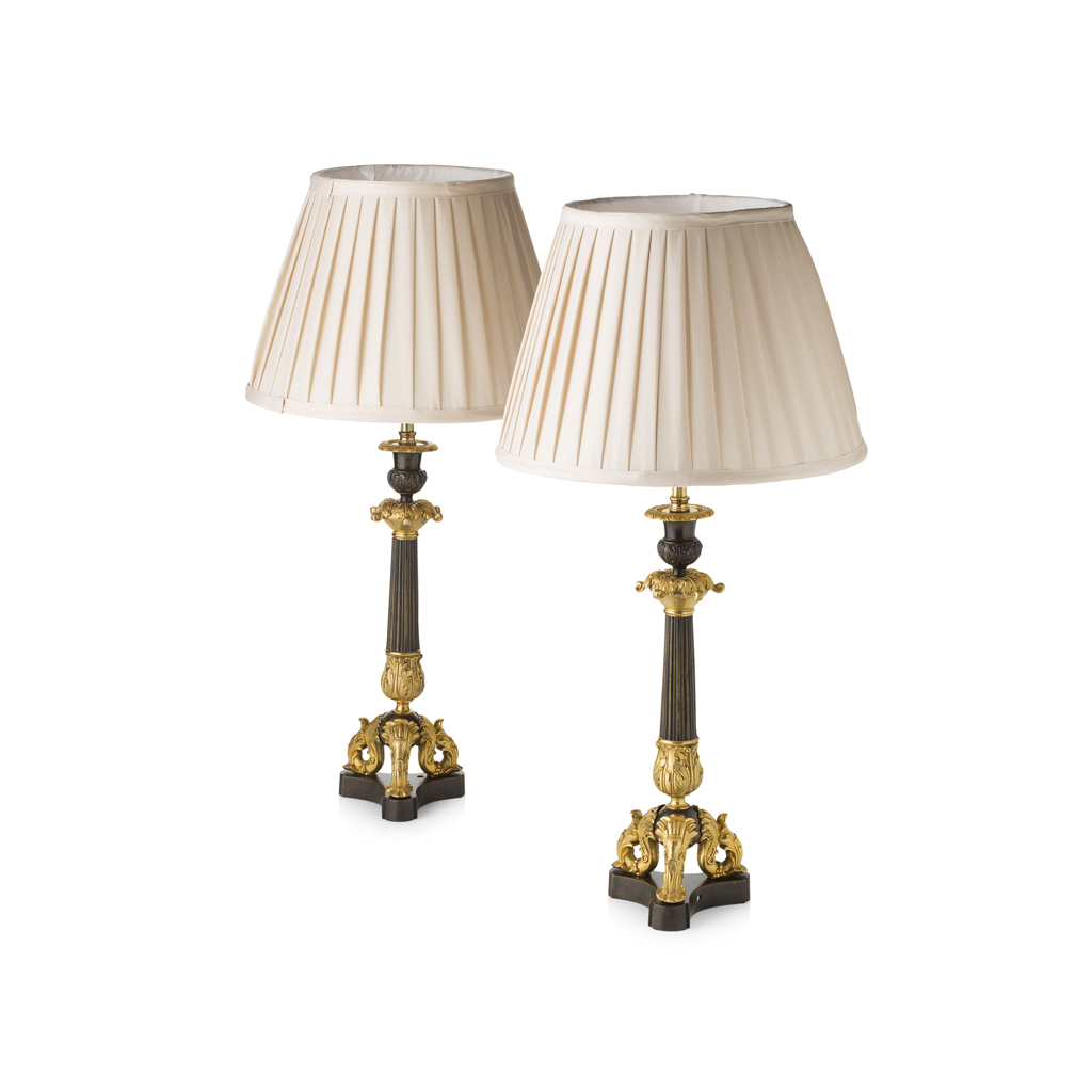 Appraisal: PAIR OF LARGE REGENCY PATINATED AND GILT BRONZE LAMPS EARLY