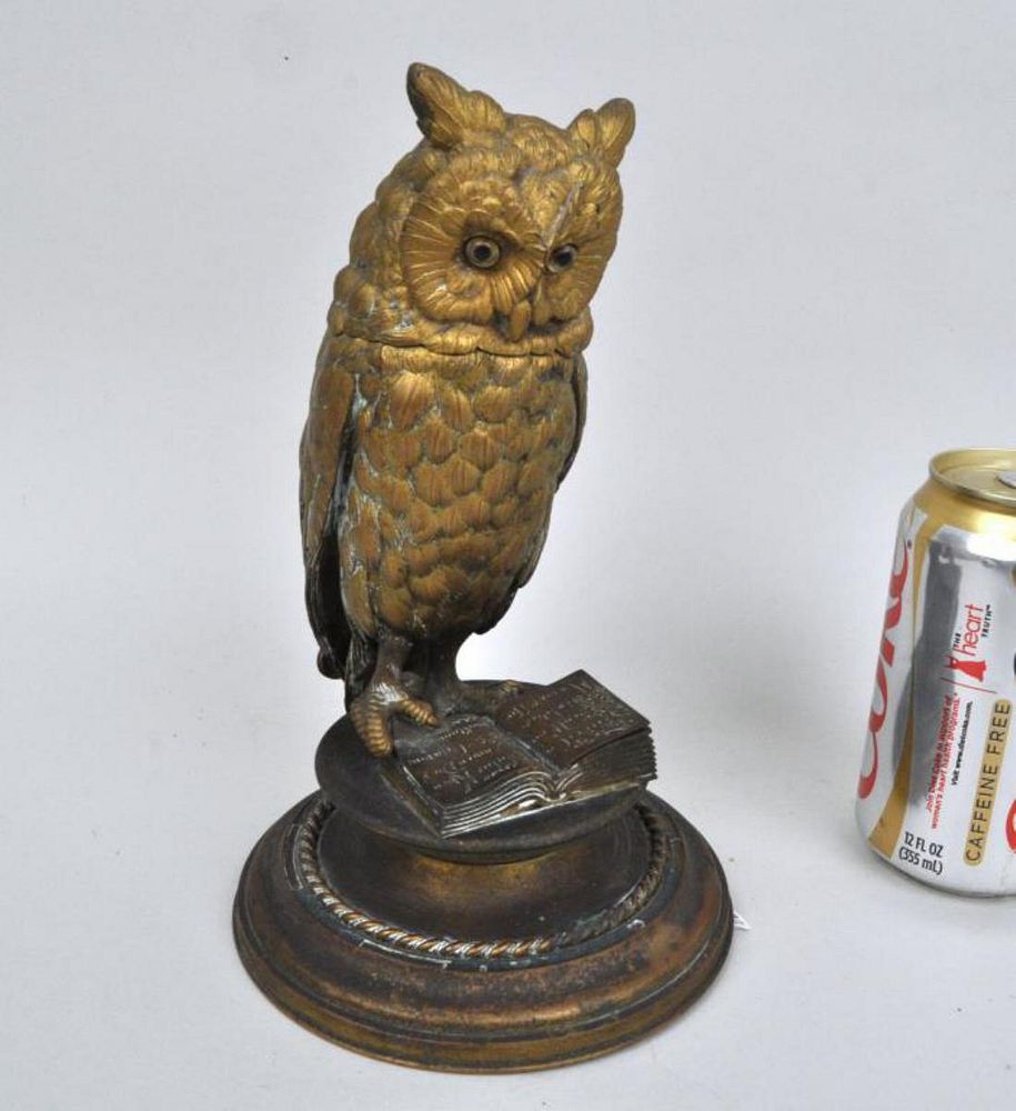 Appraisal: Antique Austrian Bronze Owl Inkwell w Glass Eyes perched on