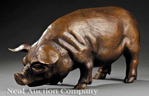 Appraisal: A Continental Patinated Bronze of a Rooting Pig after Auguste