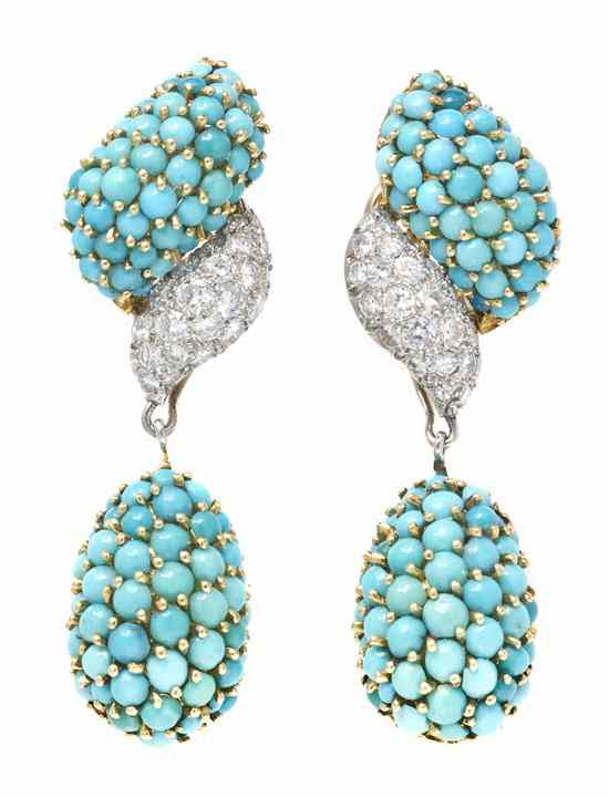 Appraisal: A Pair of Karat Gold Turquoise and Diamond Drop Earrings