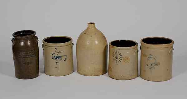 Appraisal: Stoneware Crocks American An assembled group of five stoneware crocks