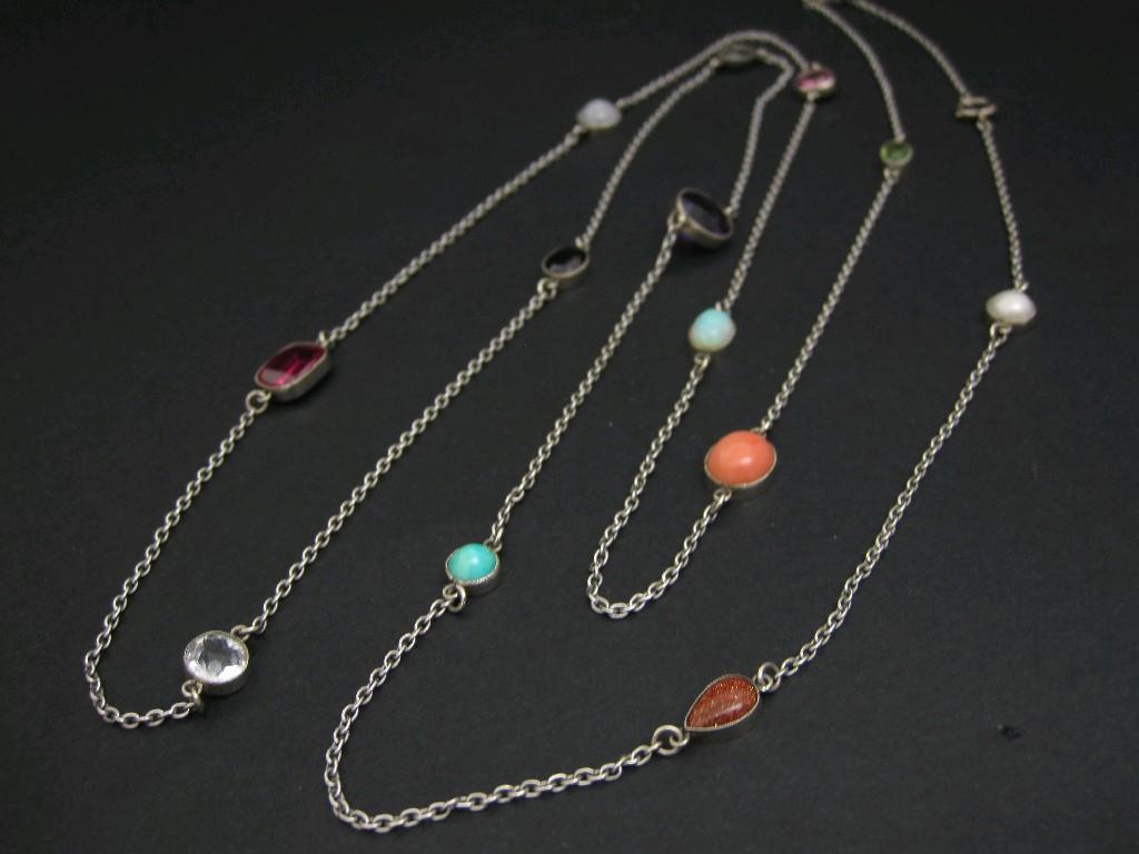 Appraisal: A long multi-gem set Necklace collet-set oval cabochon and circular-cut