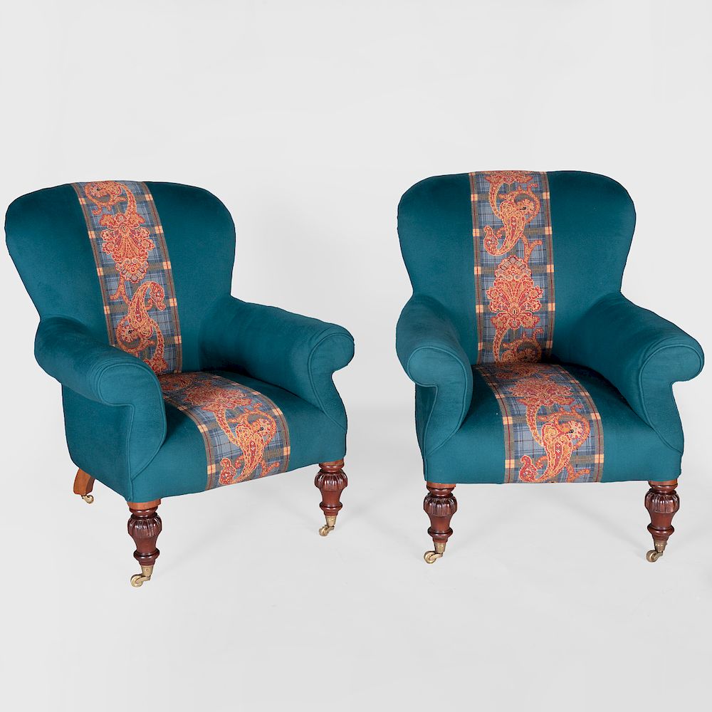 Appraisal: Pair of Victorian Style Upholstered Club Chairs Upholstered in a