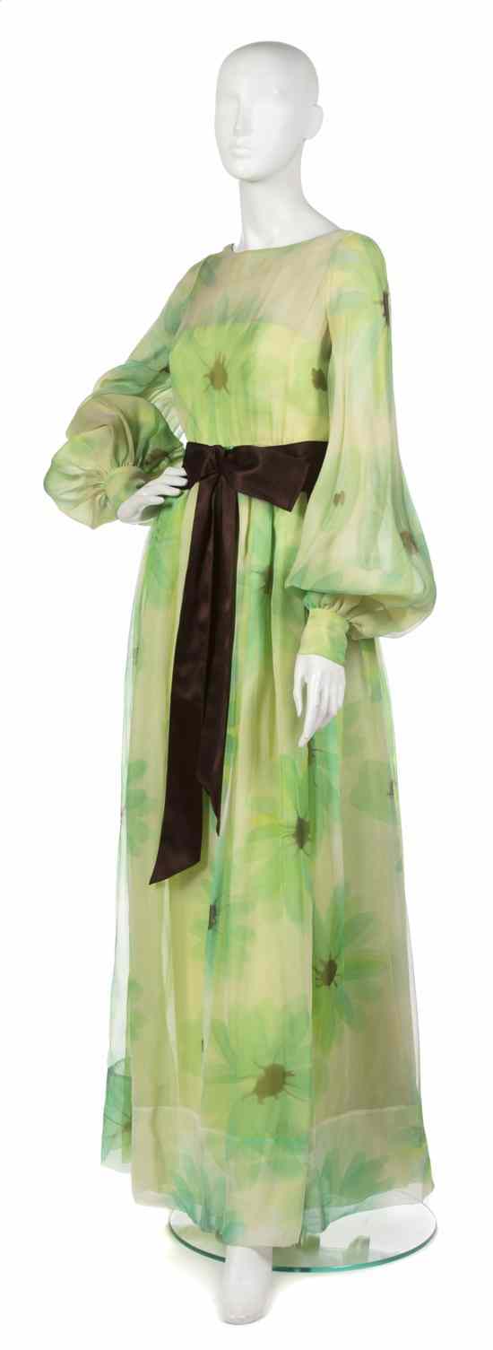 Appraisal: A Mimi Tuthill Green Printed Floral Evening Gown long sleeves