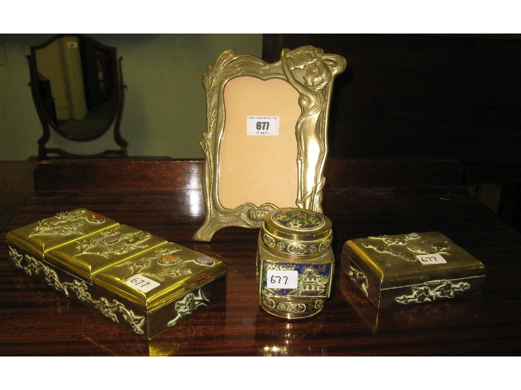 Appraisal: Lot comprising brass photo frame two stone set boxes and