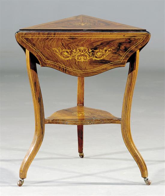 Appraisal: French style inlaid rosewood handkerchief table last half th centurytriangular