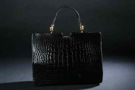 Appraisal: VINTAGE ROSENFELD POLISHED BLACK ALLIGATOR HANDBAG s With red leather