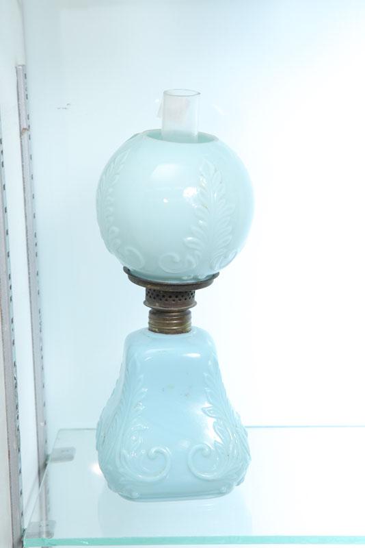 Appraisal: MINIATURE LAMP Blue milk glass lamp with embossed leaves and