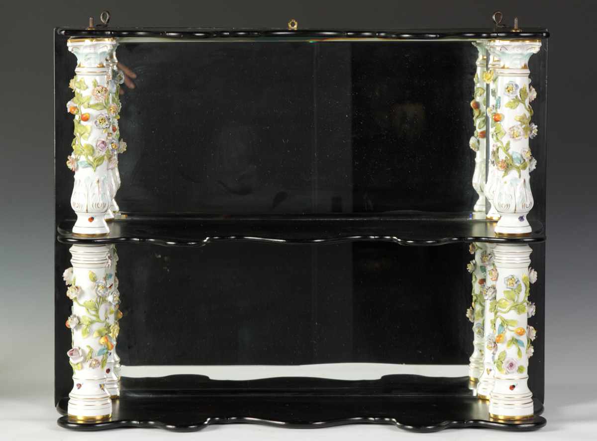 Appraisal: th Cent Porcelain Ebonized Wood Tier Shelf w floral fruit