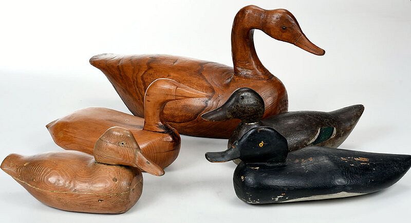 Appraisal: Five Carved Painted and Stained Wood Decoys American th century