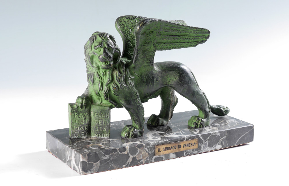 Appraisal: BRONZE WINGED LION OF VENICE ON MARBLE STAND Patinated bronze