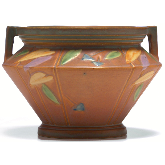 Appraisal: Roseville Futura jaudiniere double handled shape in brown with colorful