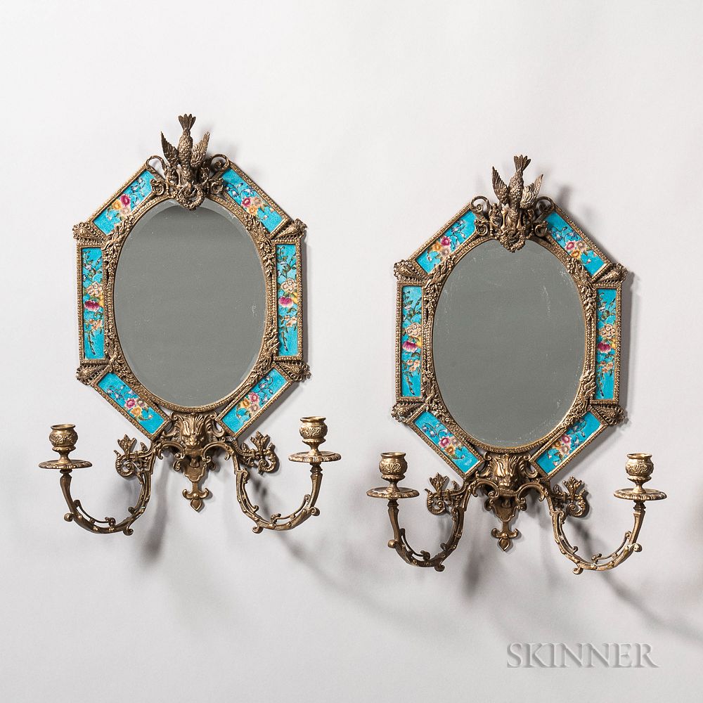 Appraisal: Pair of Porcelain-inset Brass Sconces Pair of Porcelain-inset Brass Sconces