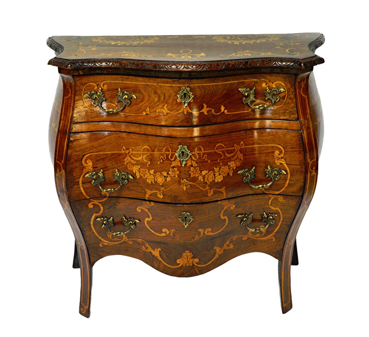 Appraisal: An th century style marquetry inlaid bombe three drawer commode