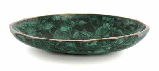 Appraisal: A Malachite Veneered Bronze Bowl of scalloped elliptical form having