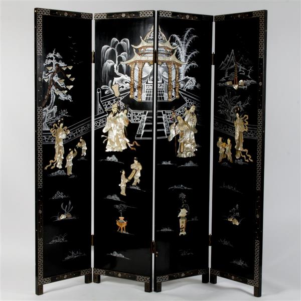 Appraisal: Chinese four panel black lacquer screen with carved mother of