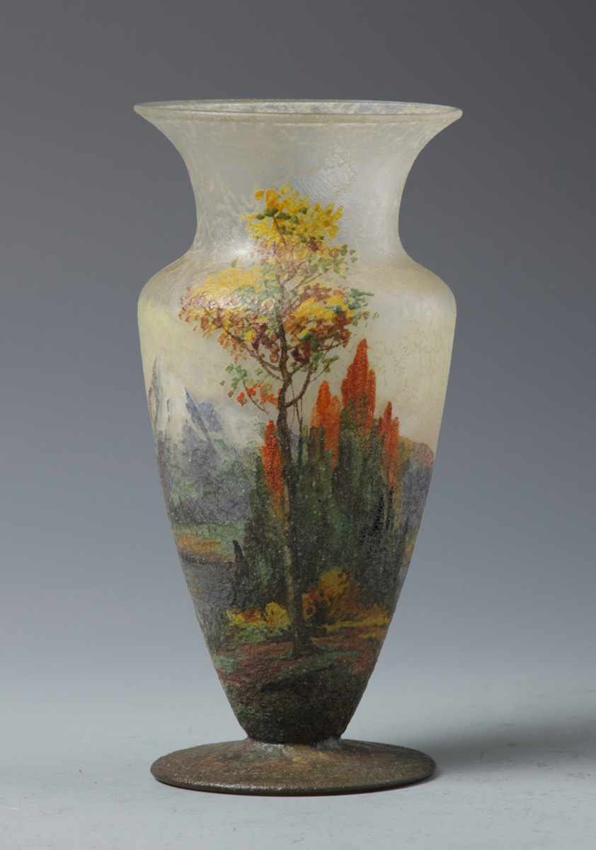 Appraisal: Sgn Handel Teroma Vase Autumn mountain landscape chipped ice finish