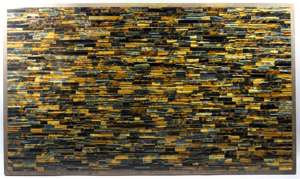 Appraisal: BLUE-GOLD TIGER EYE WITH BRASS BINDING GEMSTONE SURFACED PANEL rectangular