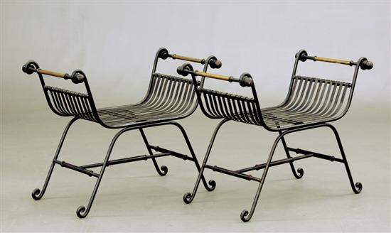 Appraisal: Pair iron and brass Klismos benches scrolling frame and slatted