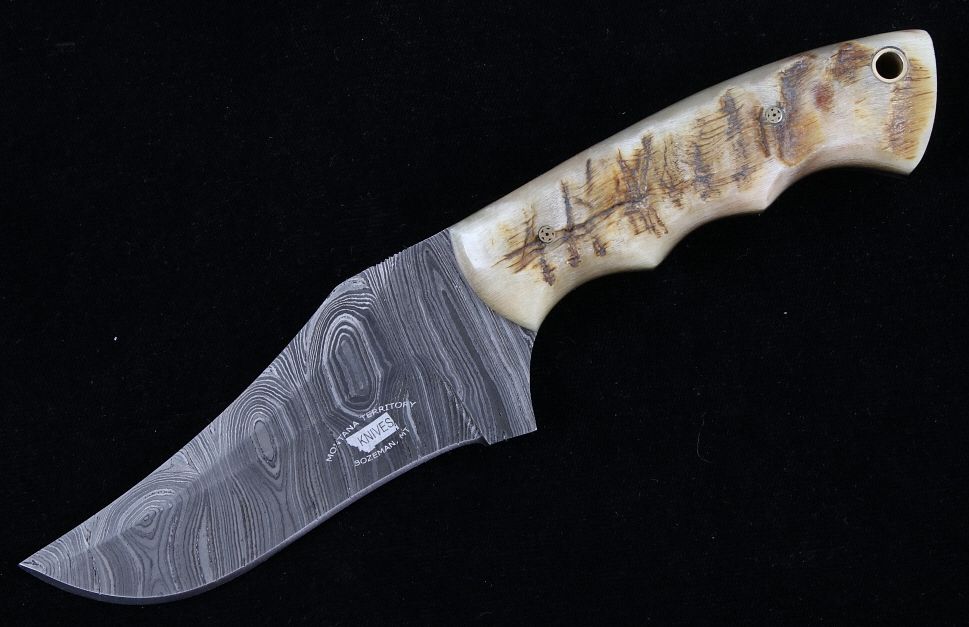 Appraisal: M T Knives Damascus and Rams Horn Camp Knife This