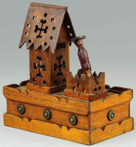 Appraisal: WOODEN FIGURE AT BUILDING MECHANICAL BANK Standing figure with tray